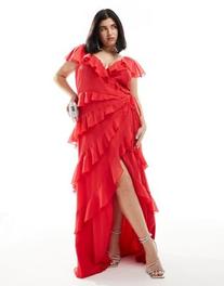 ASOS DESIGN Curve exclusive flutter sleeve wrap maxi dress with ruffle detail in red kínálat, 48 Ft a ASOS -ben