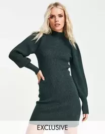 ONLY exclusive volume sleeve high neck knitted jumper dress in dark green kínálat, 32 Ft a ASOS -ben