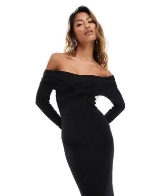 ASOS DESIGN off shoulder twist midi dress with long sleeves in black kínálat, 26 Ft a ASOS -ben